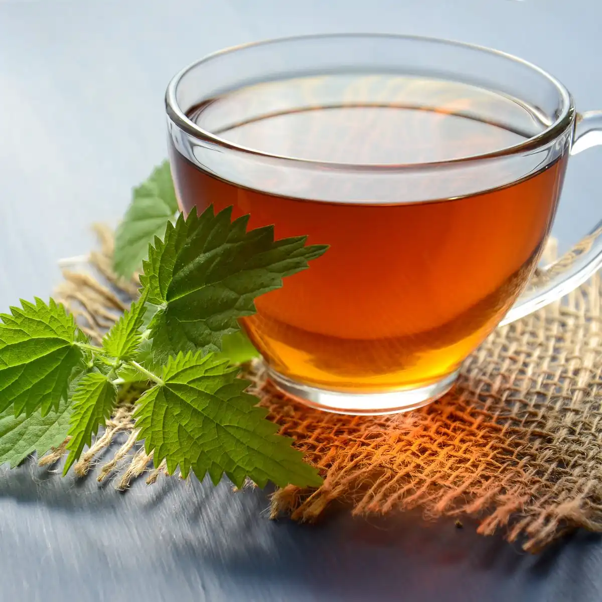 A glass cup of amber herbal tea beside a sprig of fresh mint on a burlap mat