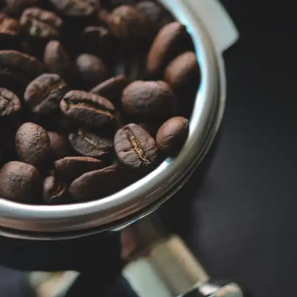 Dark roasted coffee beans piled in a steel espresso portafilter